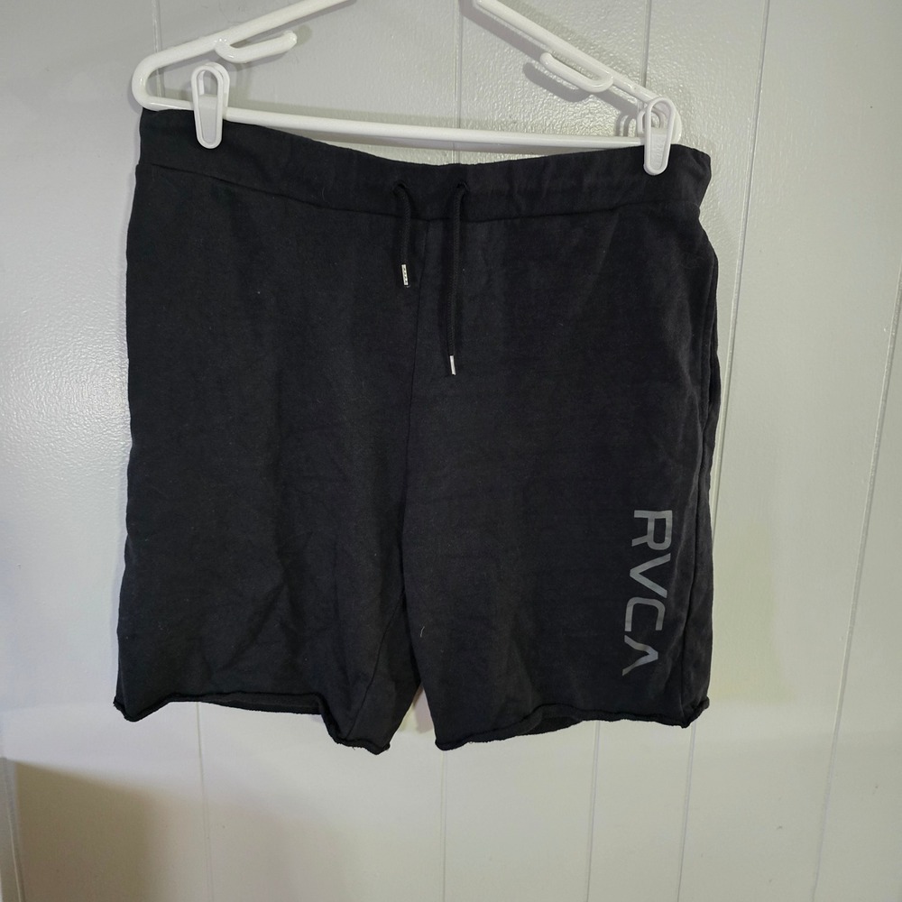 RVCA VA Sport Sweat Shorts Mens Large Black Logo Raw Hem Cotton Athleisure